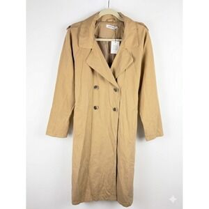JustFab Trench Coat S Camel Tan Long Double Breasted‎ Classic Chic Lightweight